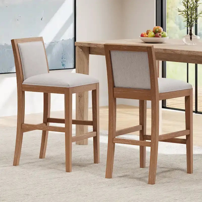 Tabouret de comptoir sans bras, assise et dossier rembourrés, bois + beige / gris + beige / noir + gris, ensemble de 2