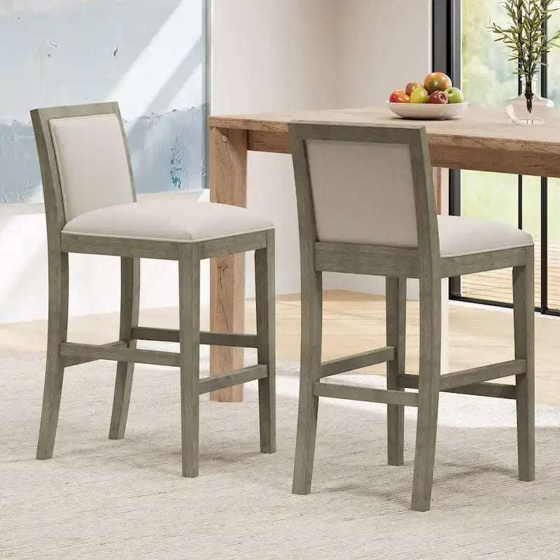Tabouret de comptoir sans bras, assise et dossier rembourrés, bois + beige / gris + beige / noir + gris, ensemble de 2