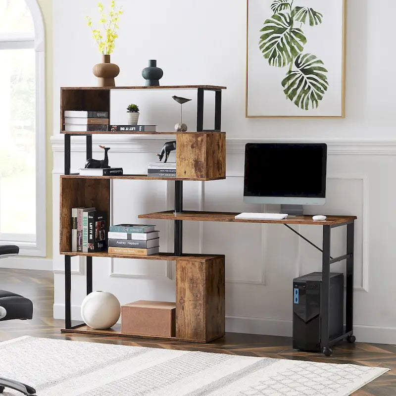 Bureau d'angle en L marron/noir avec étagère à 5 niveaux, 1 personne