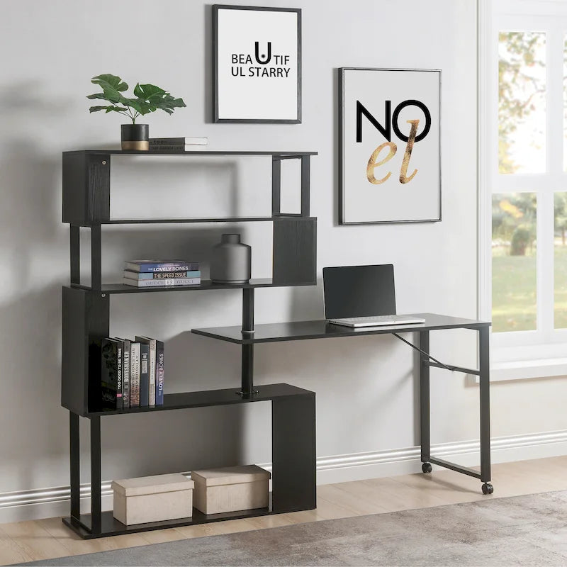 Bureau d'angle en L marron/noir avec étagère à 5 niveaux, 1 personne