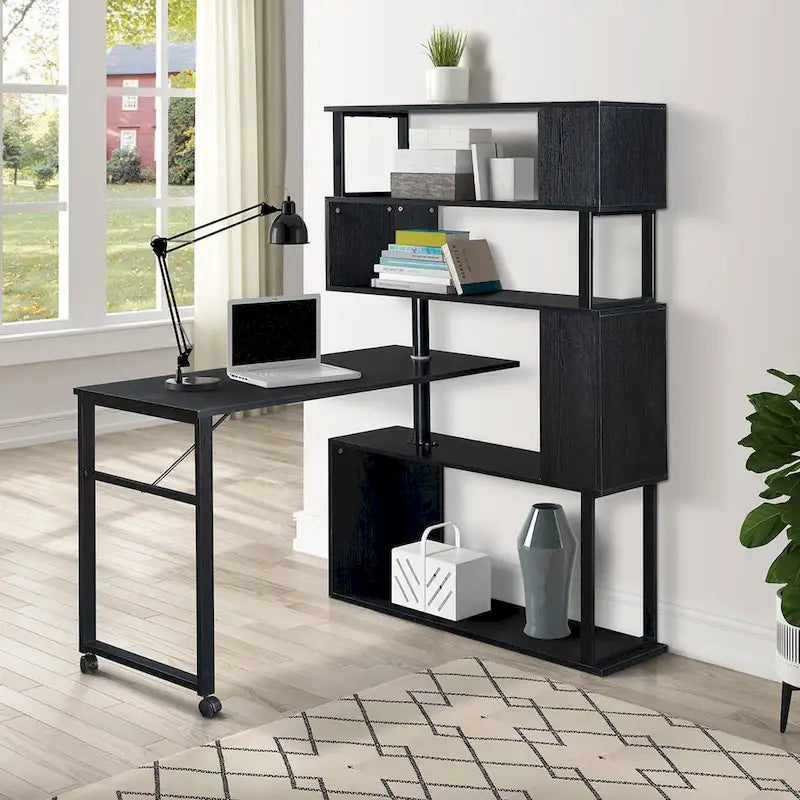 Bureau d'angle en L marron/noir avec étagère à 5 niveaux, 1 personne