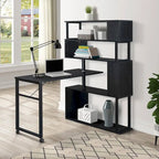 Bureau d'angle en L marron/noir avec étagère à 5 niveaux, 1 personne