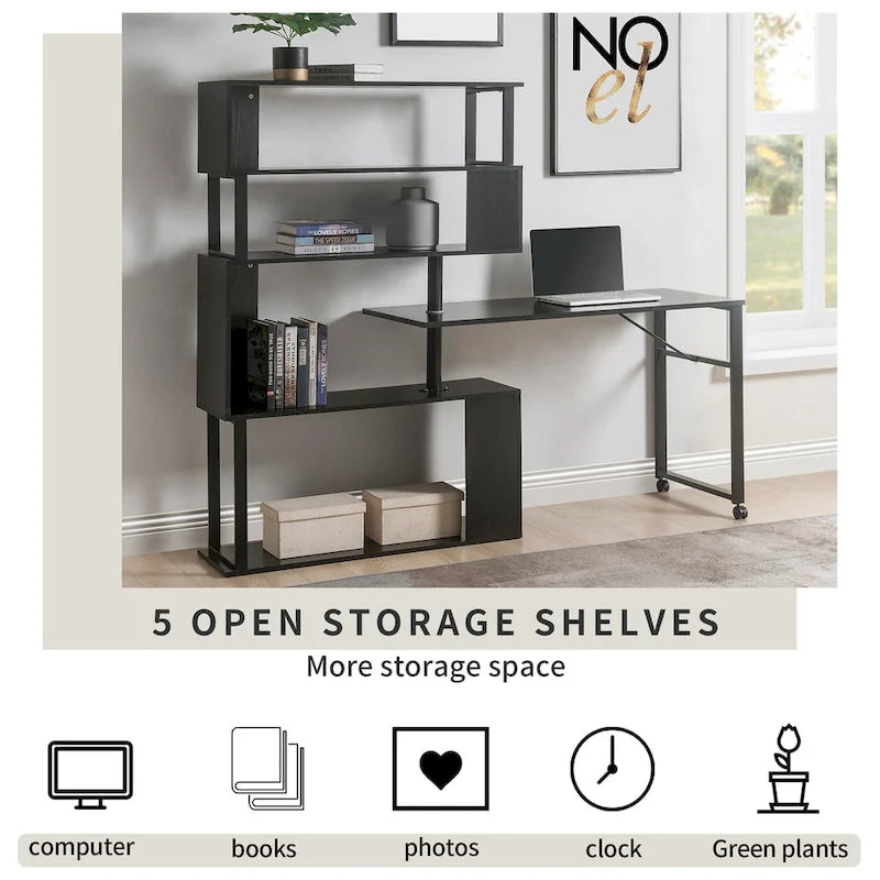 Bureau d'angle en L marron/noir avec étagère à 5 niveaux, 1 personne