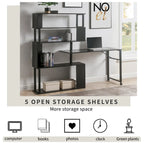 Bureau d'angle en L marron/noir avec étagère à 5 niveaux, 1 personne