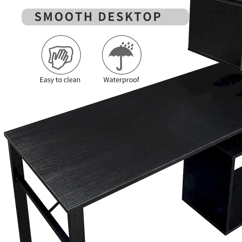 Bureau d'angle en L marron/noir avec étagère à 5 niveaux, 1 personne