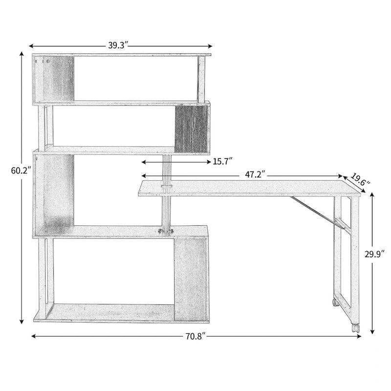 Bureau d'angle en L marron/noir avec étagère à 5 niveaux, 1 personne
