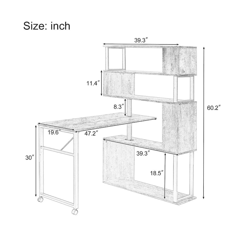 Bureau d'angle en L marron/noir avec étagère à 5 niveaux, 1 personne
