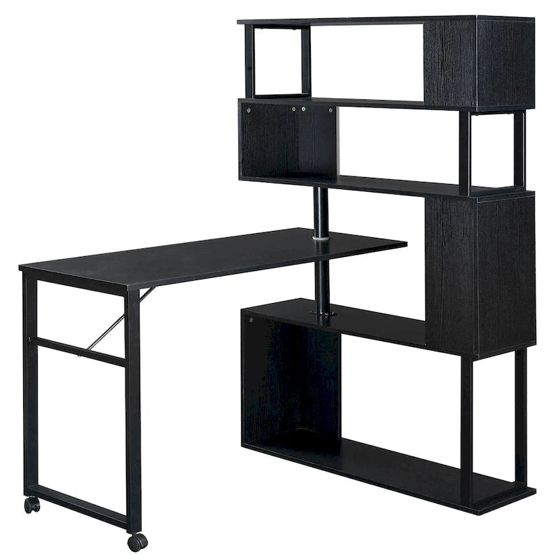 Bureau d'angle en L marron/noir avec étagère à 5 niveaux, 1 personne