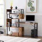 Bureau d'angle en L marron/noir avec étagère à 5 niveaux, 1 personne