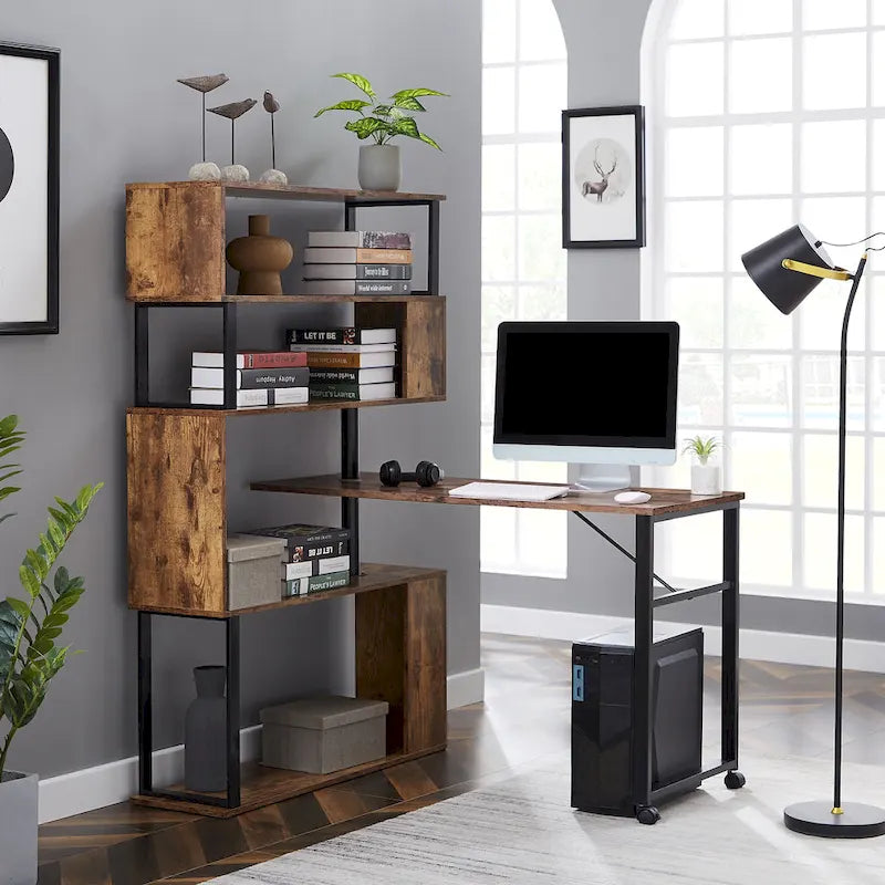 Bureau d'angle en L marron/noir avec étagère à 5 niveaux, 1 personne
