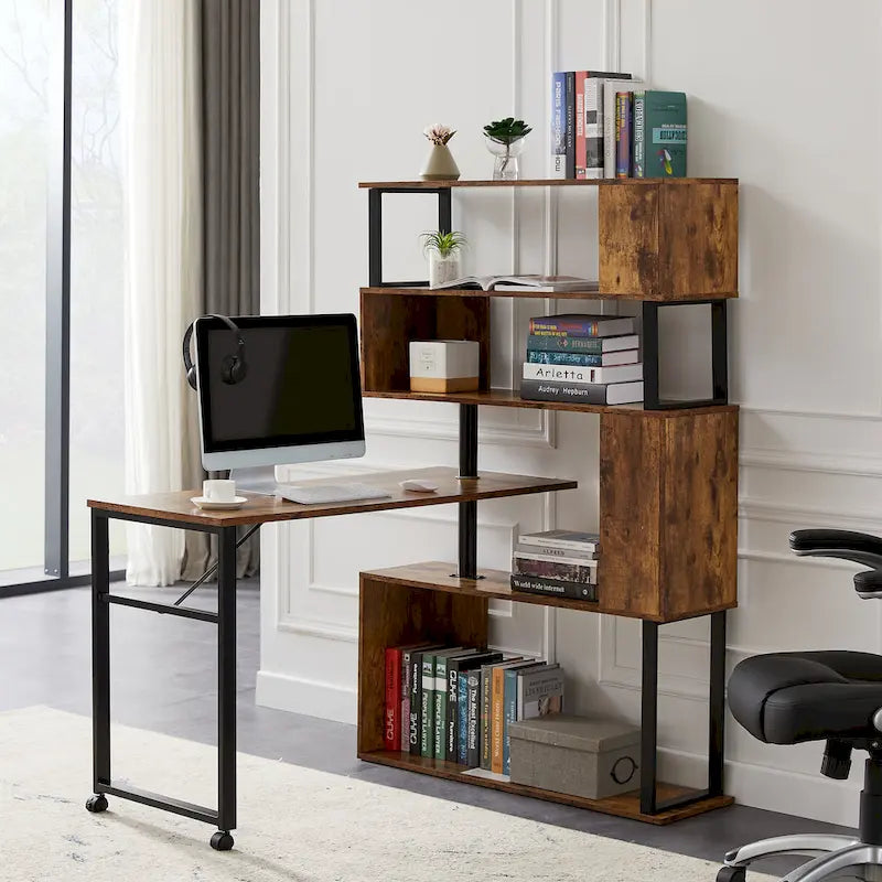 Bureau d'angle en L marron/noir avec étagère à 5 niveaux, 1 personne