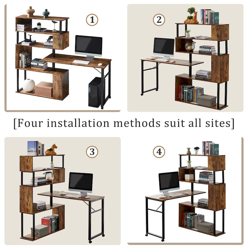 Bureau d'angle en L marron/noir avec étagère à 5 niveaux, 1 personne