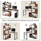 Bureau d'angle en L marron/noir avec étagère à 5 niveaux, 1 personne