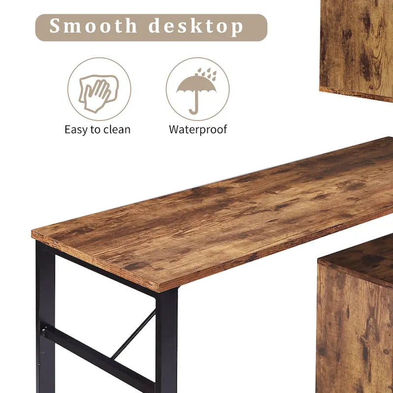 Bureau d'angle en L marron/noir avec étagère à 5 niveaux, 1 personne