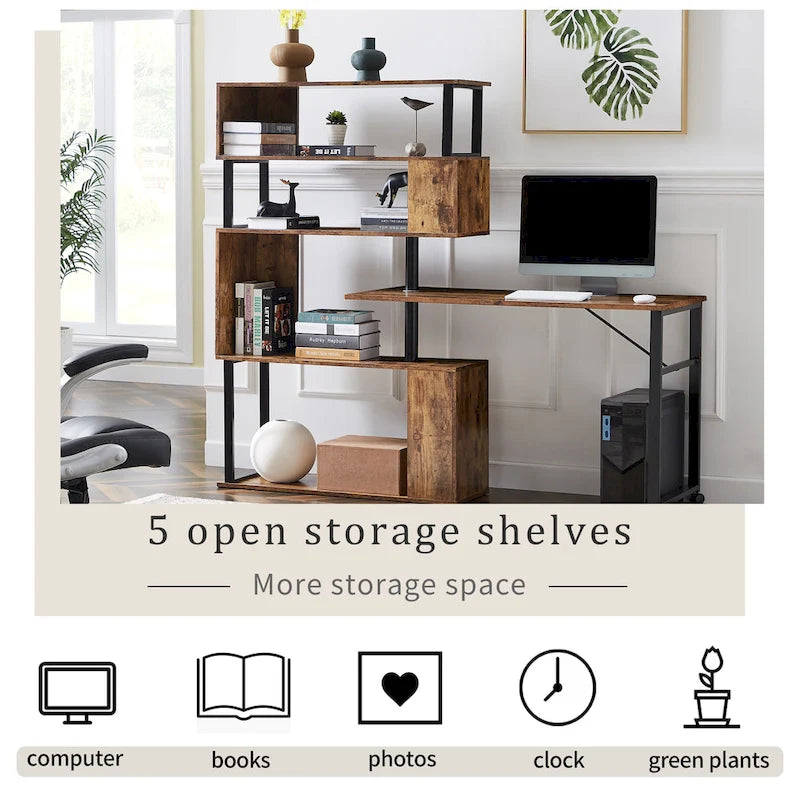 Bureau d'angle en L marron/noir avec étagère à 5 niveaux, 1 personne