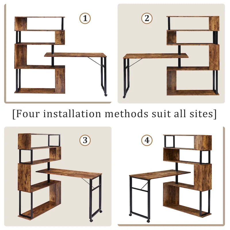 Bureau d'angle en L marron/noir avec étagère à 5 niveaux, 1 personne