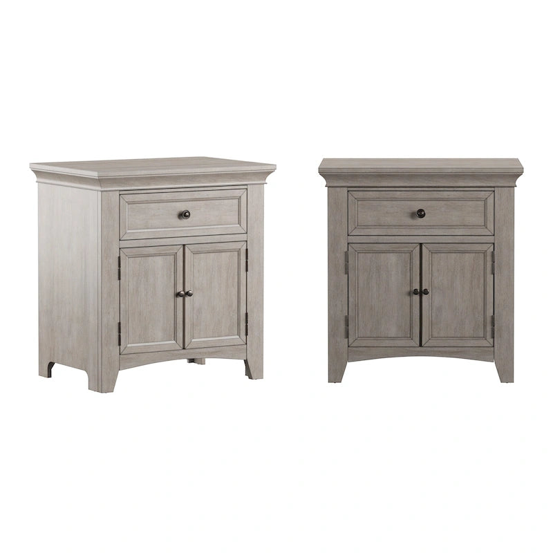 Table de chevet avec 1 tiroir et station de recharge, coloris blanc antique / gris / chêne / noir
