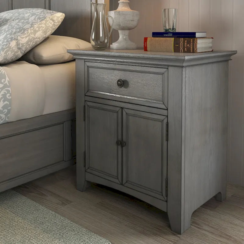 Table de chevet avec 1 tiroir et station de recharge, coloris blanc antique / gris / chêne / noir