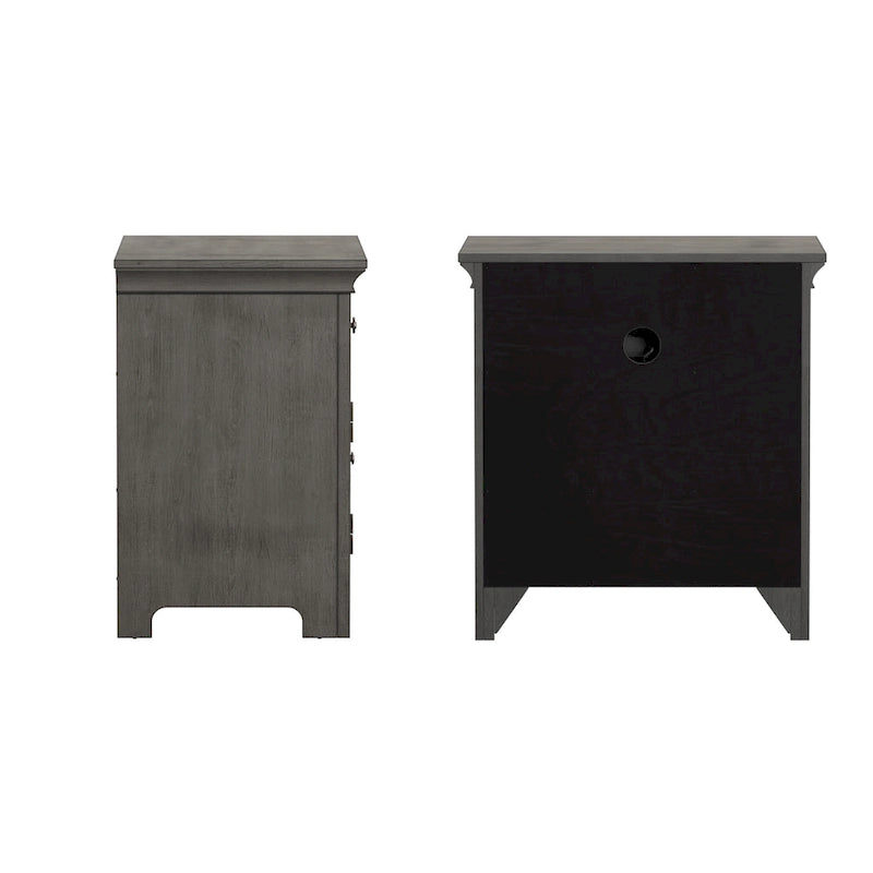 Table de chevet avec 1 tiroir et station de recharge, coloris blanc antique / gris / chêne / noir