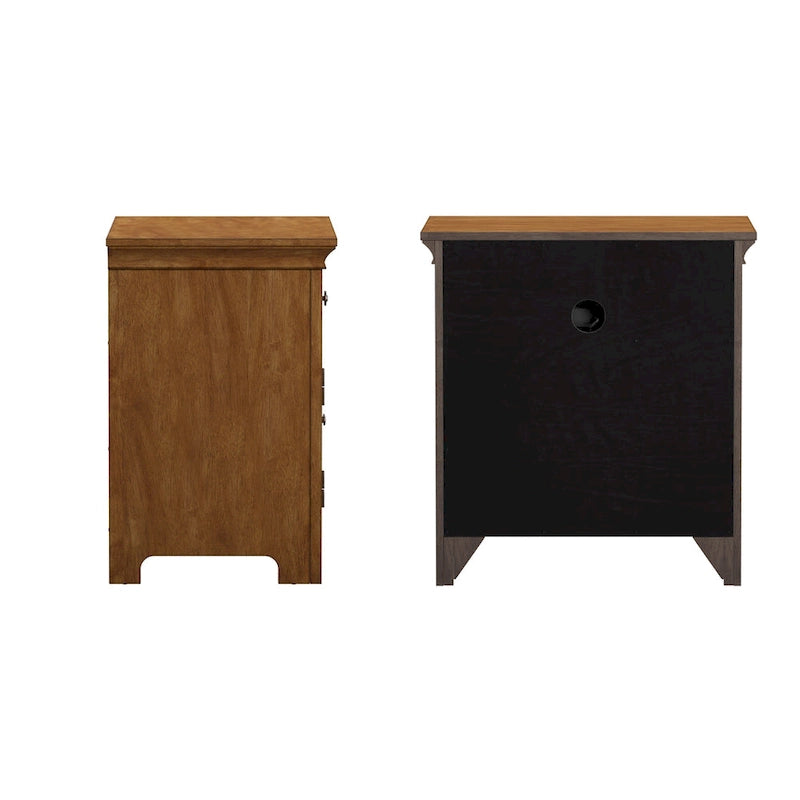 Table de chevet avec 1 tiroir et station de recharge, coloris blanc antique / gris / chêne / noir