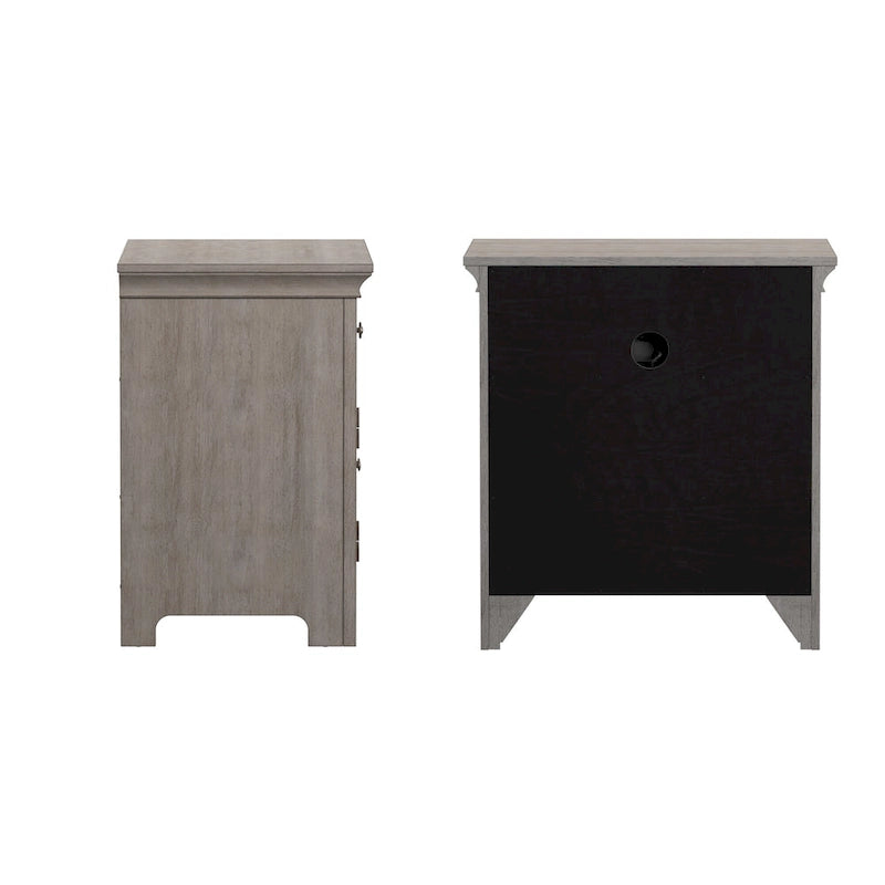 Table de chevet avec 1 tiroir et station de recharge, coloris blanc antique / gris / chêne / noir