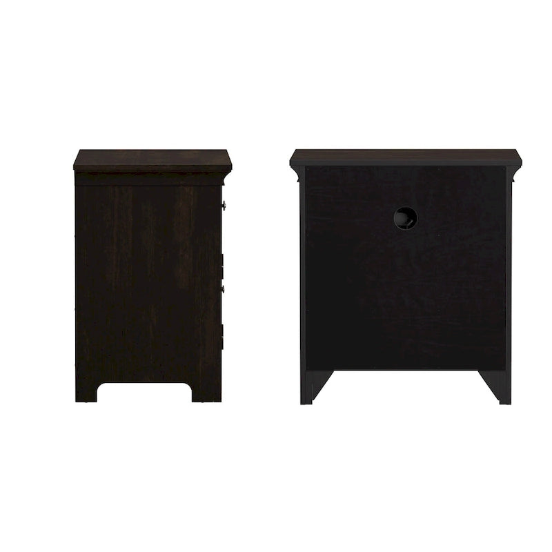 Table de chevet avec 1 tiroir et station de recharge, coloris blanc antique / gris / chêne / noir