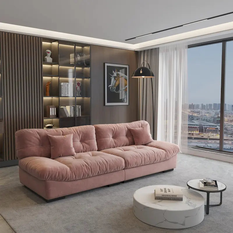 Canapé 3 places en velours beige/gris/rose avec housses de coussin amovibles