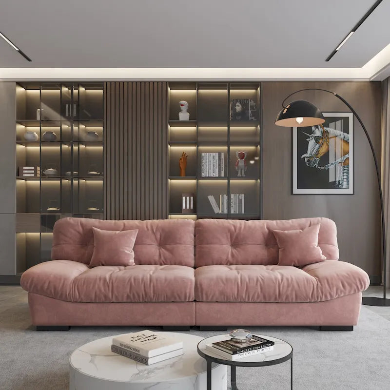 Canapé 3 places en velours beige/gris/rose avec housses de coussin amovibles