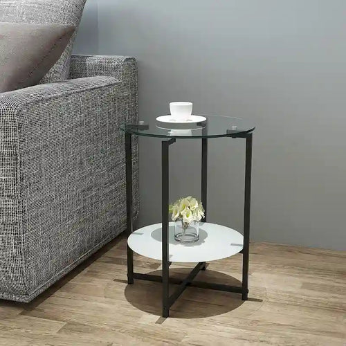 Table d'appoint/table basse ronde à 2 plateaux en verre trempé avec cadre en fer