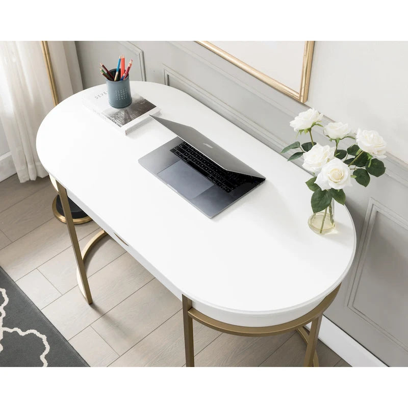 Bureau d'écriture, pieds métalliques ovales blancs/gris, 1 personne