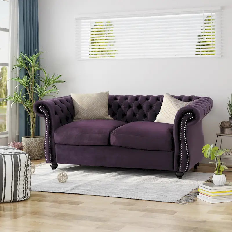 Causeuse capitonnée Chesterfield – Mûre / Bleu marine / Émeraude / Beige / Gris foncé – Tissu – 2 places