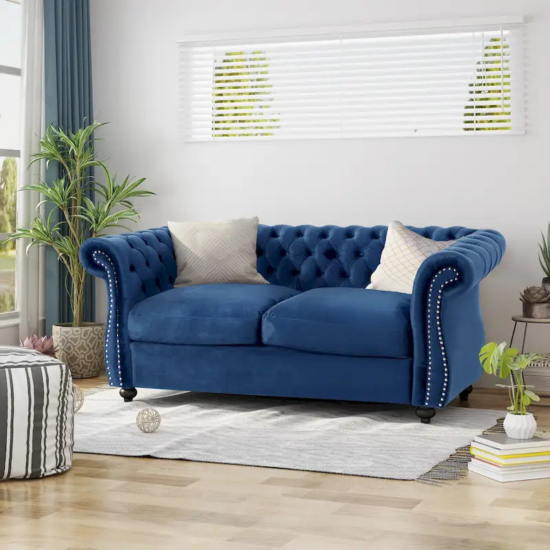 Causeuse capitonnée Chesterfield – Mûre / Bleu marine / Émeraude / Beige / Gris foncé – Tissu – 2 places