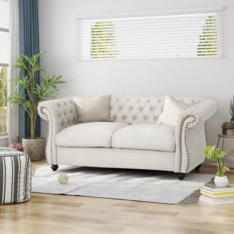 Causeuse capitonnée Chesterfield – Mûre / Bleu marine / Émeraude / Beige / Gris foncé – Tissu – 2 places