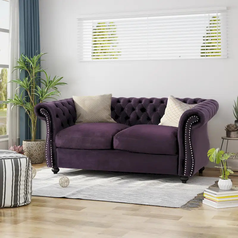 Causeuse capitonnée Chesterfield – Mûre / Bleu marine / Émeraude / Beige / Gris foncé – Tissu – 2 places