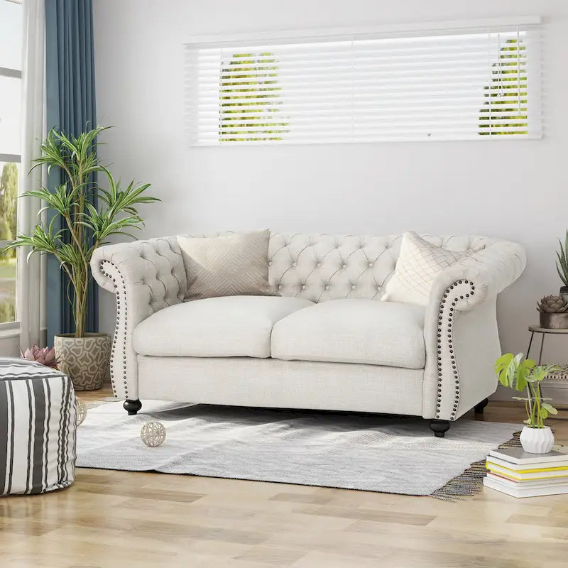 Causeuse capitonnée Chesterfield – Mûre / Bleu marine / Émeraude / Beige / Gris foncé – Tissu – 2 places