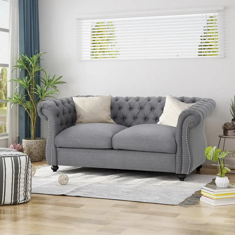 Causeuse capitonnée Chesterfield – Mûre / Bleu marine / Émeraude / Beige / Gris foncé – Tissu – 2 places