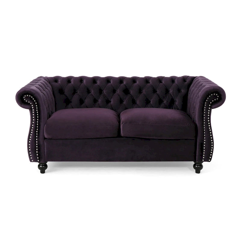 Causeuse capitonnée Chesterfield – Mûre / Bleu marine / Émeraude / Beige / Gris foncé – Tissu – 2 places