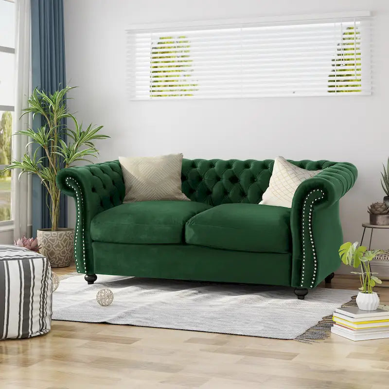 Causeuse capitonnée Chesterfield – Mûre / Bleu marine / Émeraude / Beige / Gris foncé – Tissu – 2 places
