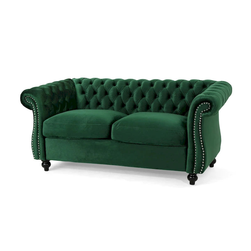 Causeuse capitonnée Chesterfield – Mûre / Bleu marine / Émeraude / Beige / Gris foncé – Tissu – 2 places