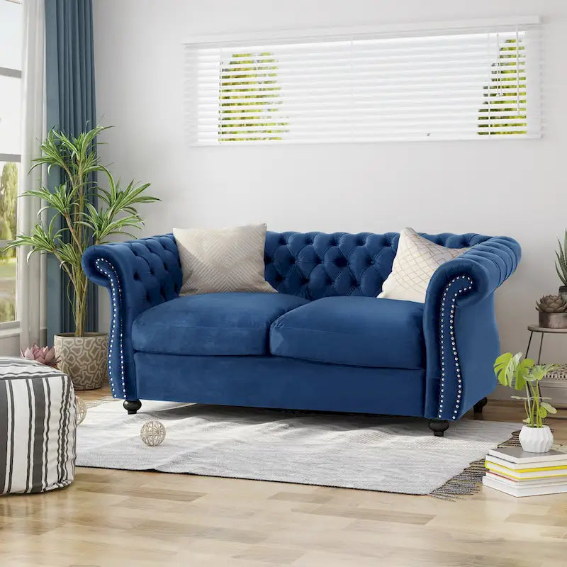 Causeuse capitonnée Chesterfield – Mûre / Bleu marine / Émeraude / Beige / Gris foncé – Tissu – 2 places