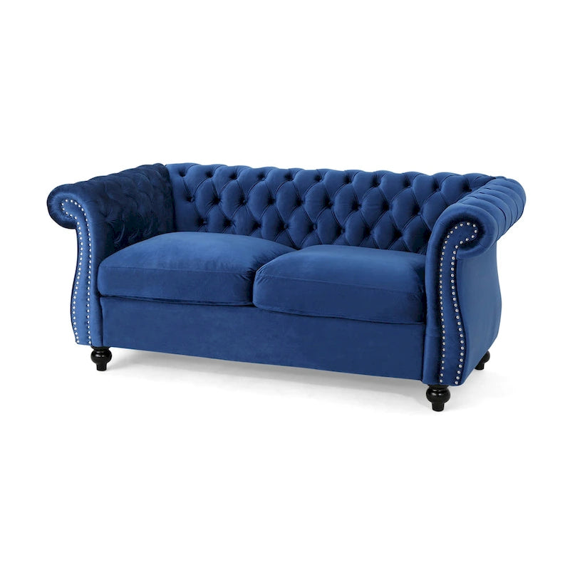 Causeuse capitonnée Chesterfield – Mûre / Bleu marine / Émeraude / Beige / Gris foncé – Tissu – 2 places