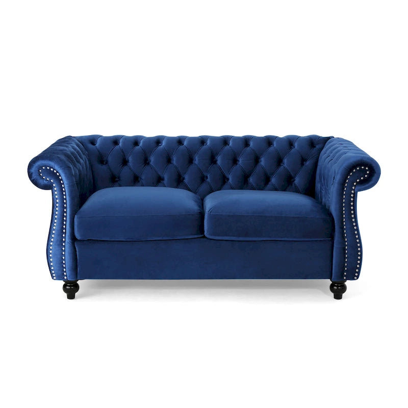 Causeuse capitonnée Chesterfield – Mûre / Bleu marine / Émeraude / Beige / Gris foncé – Tissu – 2 places