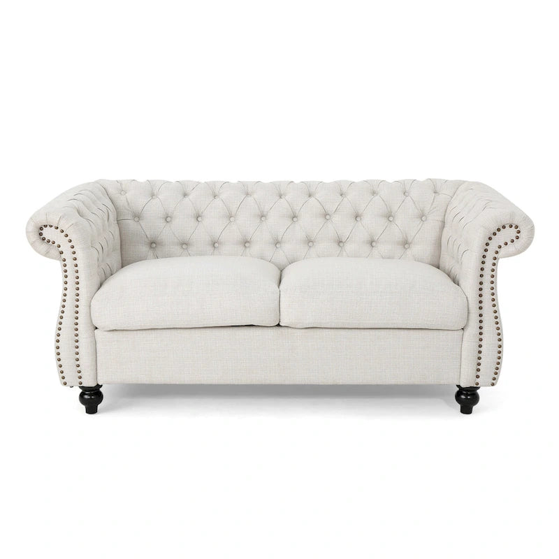 Causeuse capitonnée Chesterfield – Mûre / Bleu marine / Émeraude / Beige / Gris foncé – Tissu – 2 places