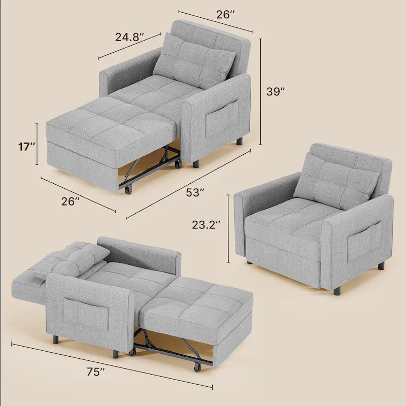 Canapé-lit convertible 3-en-1 gris foncé/gris clair, fauteuil inclinable, une place