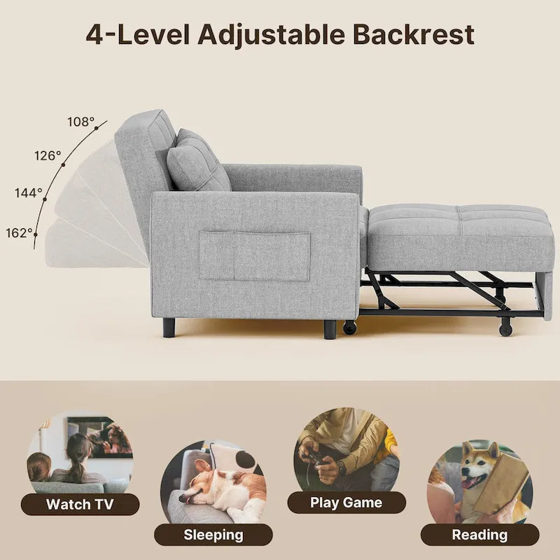 Canapé-lit convertible 3-en-1 gris foncé/gris clair, fauteuil inclinable, une place