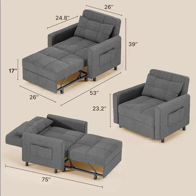 Canapé-lit convertible 3-en-1 gris foncé/gris clair, fauteuil inclinable, une place