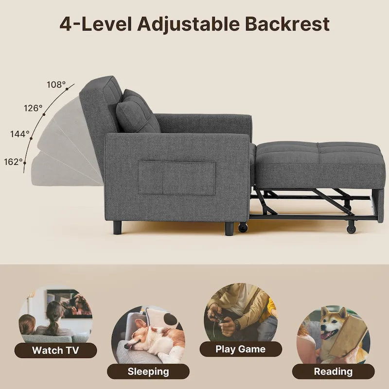 Canapé-lit convertible 3-en-1 gris foncé/gris clair, fauteuil inclinable, une place