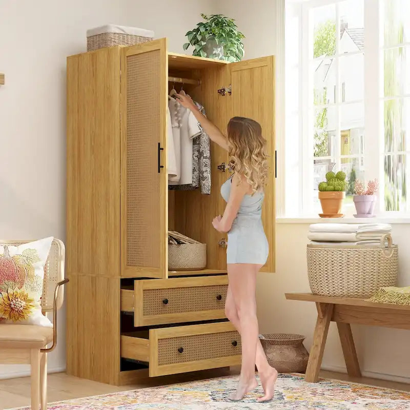 Armoire en bois brun à 2 portes et 2 tiroirs avec tringle, 1 personne
