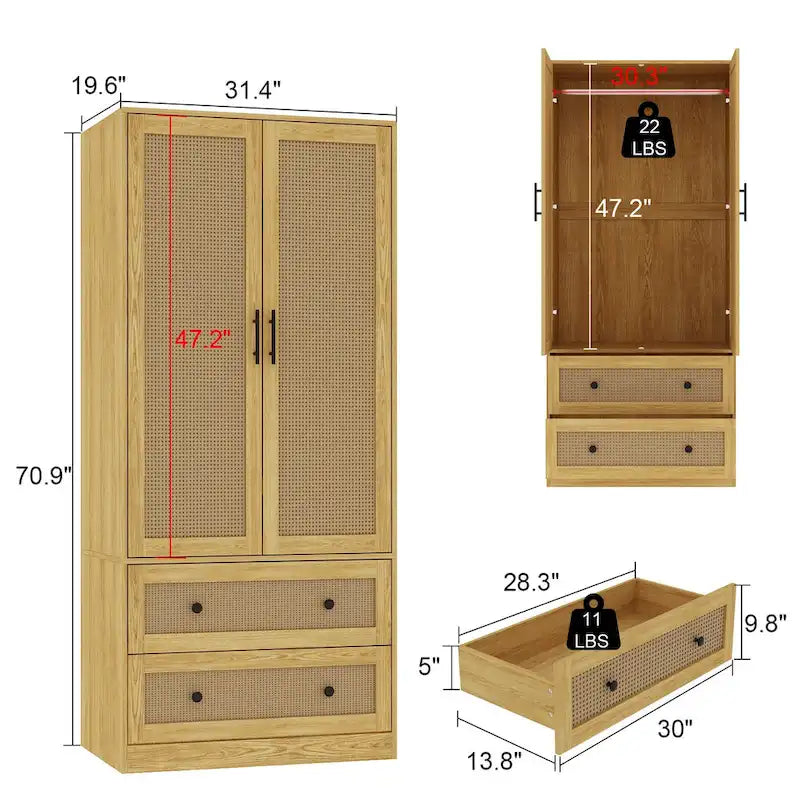 Armoire en bois brun à 2 portes et 2 tiroirs avec tringle, 1 personne