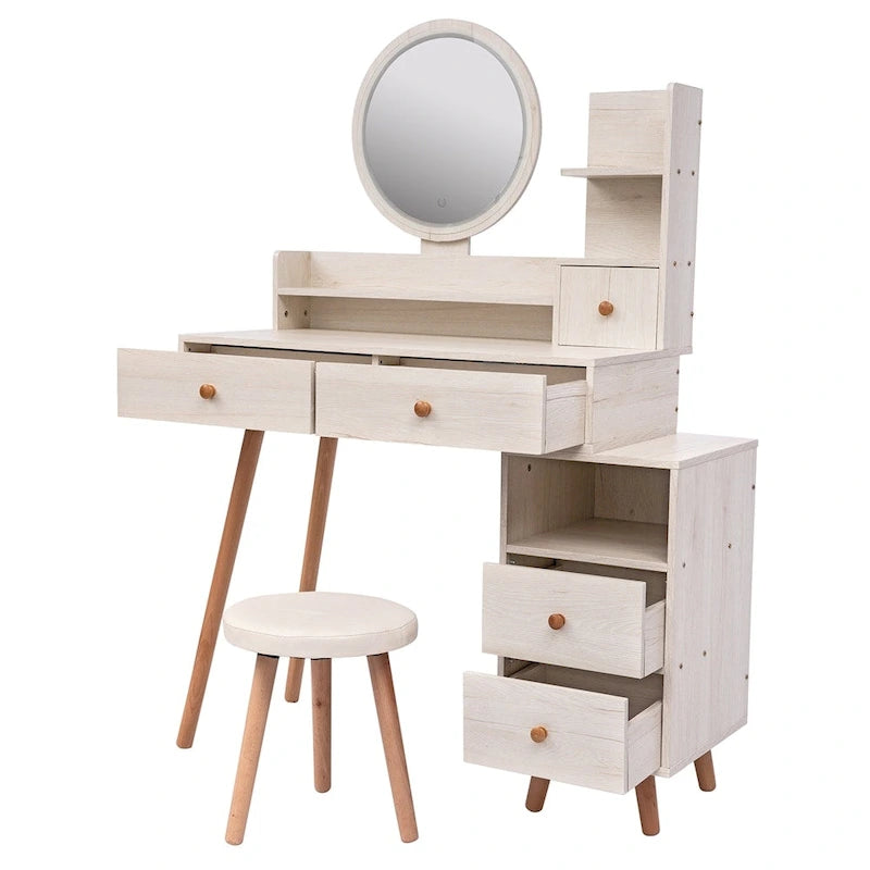 Coiffeuse moderne individuelle en chêne blanc avec miroir LED tactile et 5 tiroirs